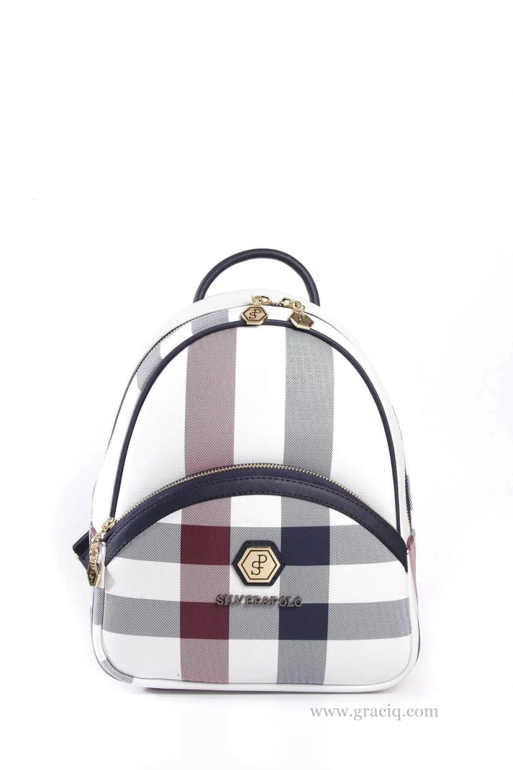 Стилна дамска раница в бяло синьо каре SILVER&POLO - image