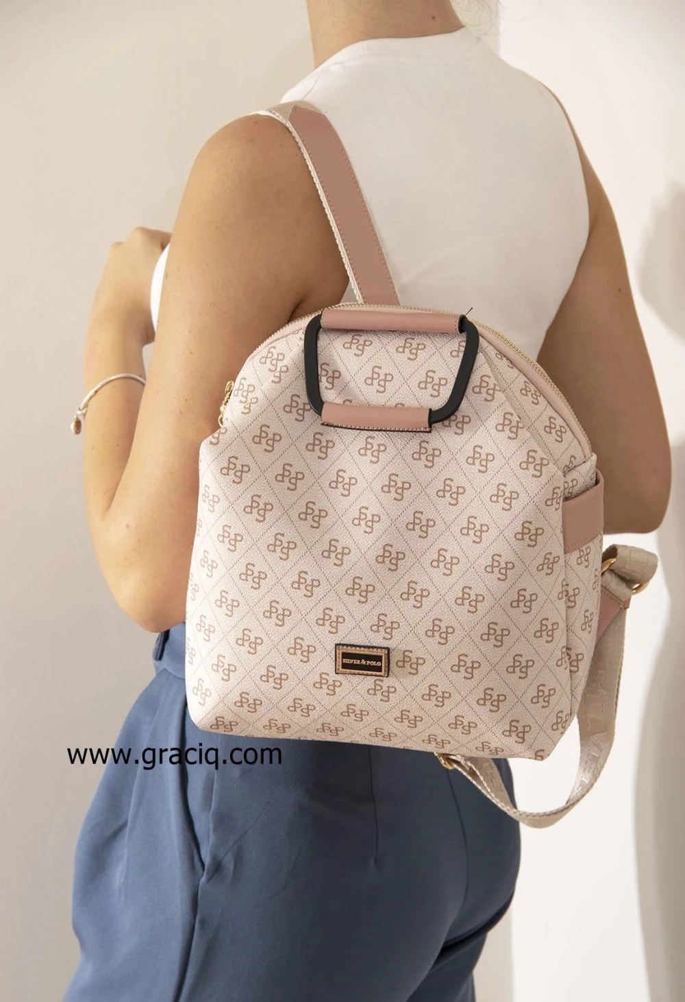 Дамска раница в розово с кожена дръжка SILVER&POLO - image