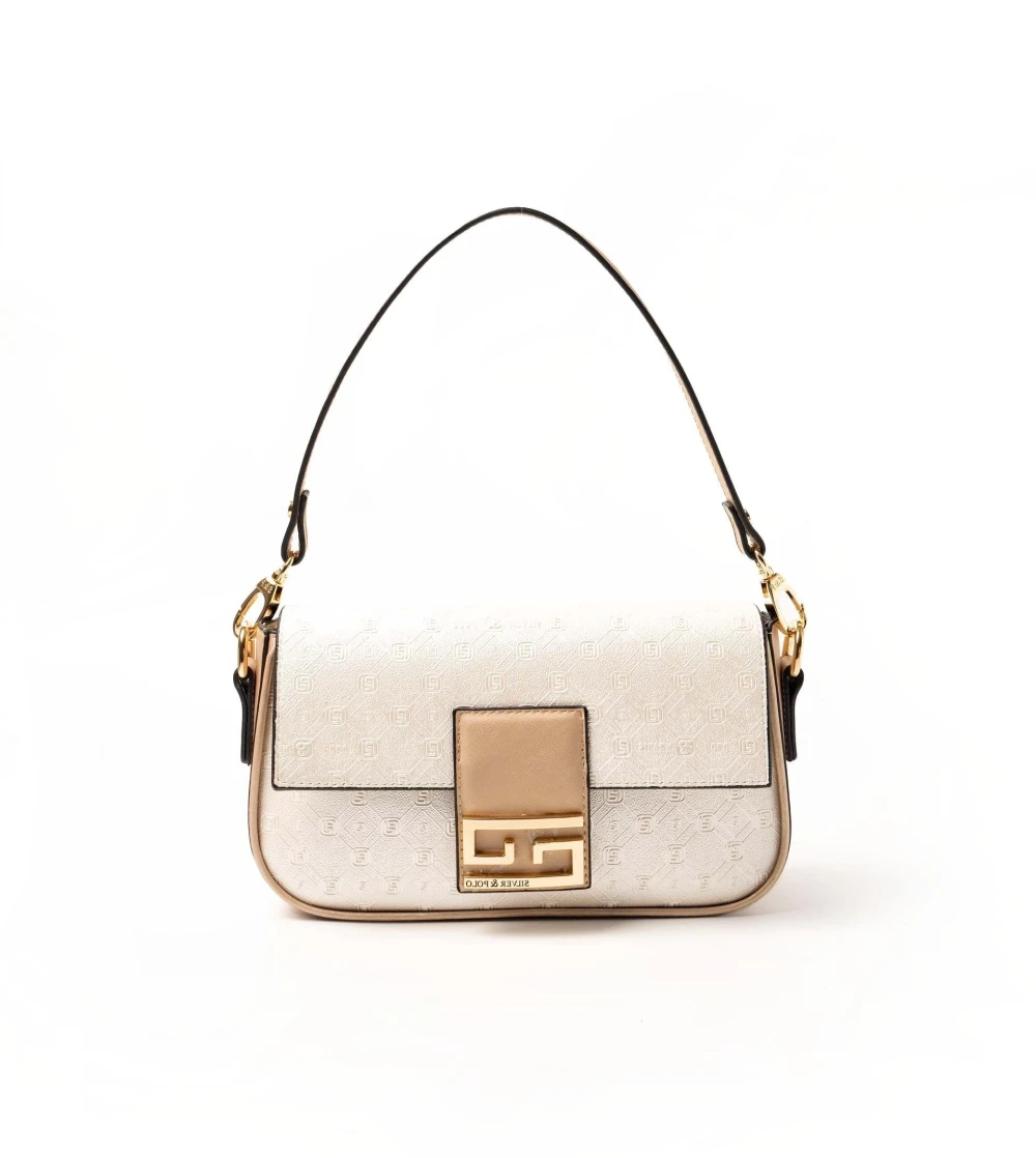 Стилна малка чанта в бял седефен цвят и бежев кант -SIlver&Polo - image