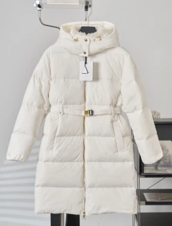 MON Belted Hooded Long Down Jacket / White