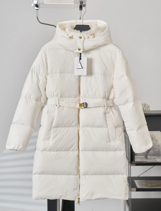 MON Belted Hooded Long Down Jacket / White - image