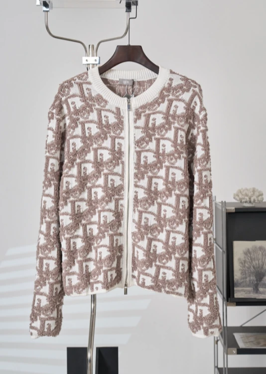 DIO Oblique Zip Cardigan / Brown & White - image