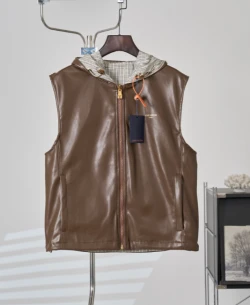 LV Reversible Hooded Monogram Leather Vest / Brown & Beige Monogram