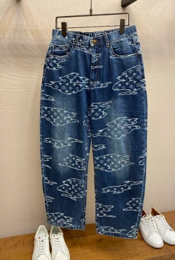 LV Embroidered Motif Wide Leg Jeans / Blue