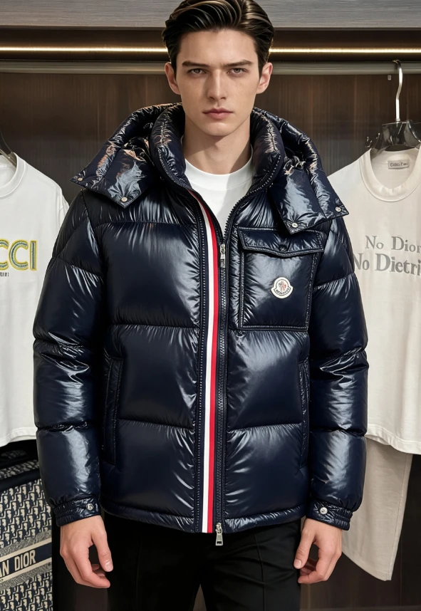 MON Tricolor Zip Glossy Down Jacket / Navy - image