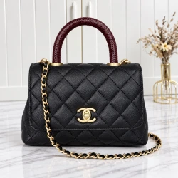 CHA Quilted Top Handle Bag / Black & Burgundy