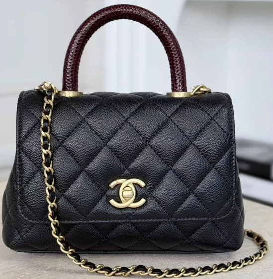CHA Quilted Top Handle Bag / Black & Burgundy - image