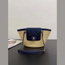 CHA Woven Basket Bag / Beige & Navy