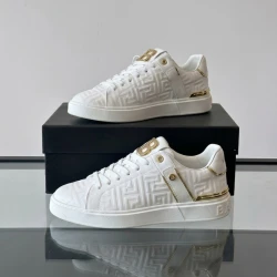Balmain Embossed Monogram Leather Sneaker "White/Gold"