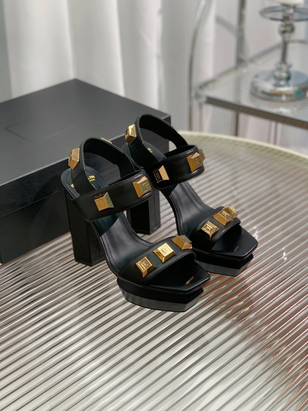 Balmain Studded Platform Sandal "Black/Gold" - image