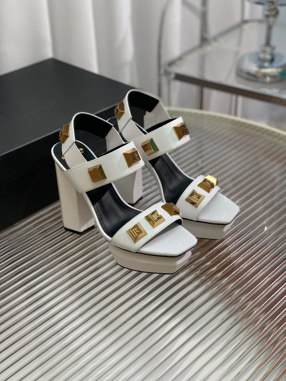 Balmain Studded Platform Sandal "White/Gold" - image