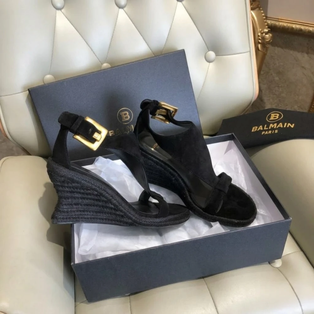 Balmain Suede T-Strap Wedge Sandal "Black/Gold" - image