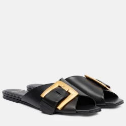 Balmain Leather Flat Slides with Large Gold Buckle "Black"