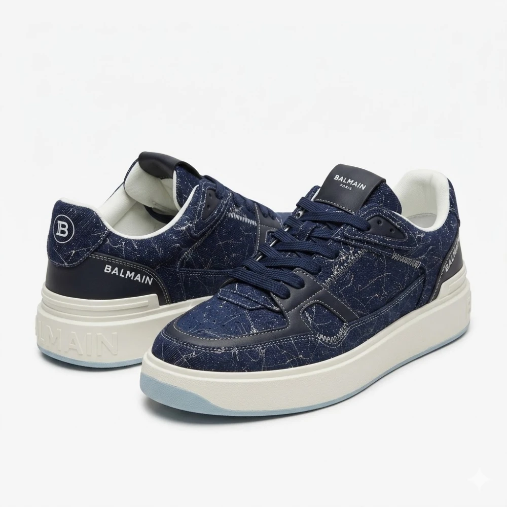 Balmain "B-Court" Blue Denim Sneakers with Constellation Print - image